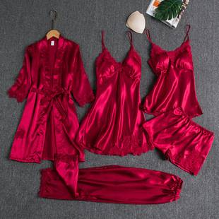 Women's summer pajamas, ice silk, sexy and hot, home wear, spring and autumn, long-sleeved, thin, plus size, cross-border five-piece set, bathrobe