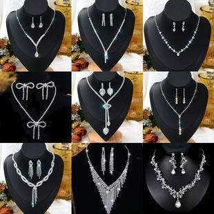European and American Cross-border Bride Necklace Earrings suit Wedding Simple All-match Gorgeous Light Luxury Grab Chain Rhinestone suit