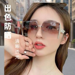 High-End Square Frameless Cut-Edge Women's Sunglasses Internet Celebrity Personalized Sunglasses for Women with Big Faces Slimming Fashionable Glasses