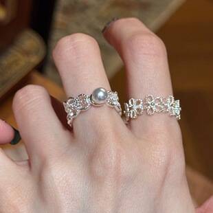 Floral Lace~French-Style Hollow Pearl Ring for Women, Ins-Style Simple Versatile Index Finger Ring, Niche High-End Ring
