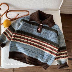 Bangcheng Children's Sweater 2026 Winter New Style Boys' Fashionable Forest-Themed Striped Pullover Thickened Sweater Baby Top