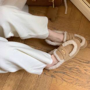 In Stock~Min Brand Genuine Leather Lamb Wool Loafers for Women, Winter Fleece-Lined Warm Flat-Soled Coin Fur Moccasins