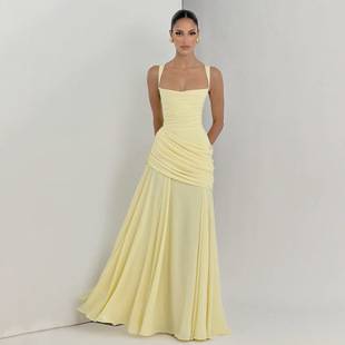Foreign Trade European and American Style Women's Clothing 2026 Elegant and Sexy Dress Solid Color Pleated Low-Cut Backless Strap Dress