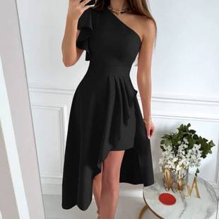 2026 New Cross-Border Amazon One-Shoulder Pleated Mid-Length Evening Dress for Prom and Banquet