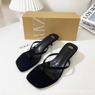 Za's 2026 New Model Square-Toe Stiletto Thong Sandals for Women, Kitten Heel, Fashionable and Versatile Mules