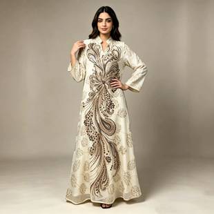 New cross-border V-neck embroidered long gown dress, elegant and classy banquet dress for women, long-sleeved loose evening dress
