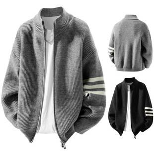 Three-Bar Striped Knit Sweater Cardigan for Men, Stand Collar, Autumn and Winter, Loose and Lazy Style, Popular Foreign Trade Cross-Border Wholesale