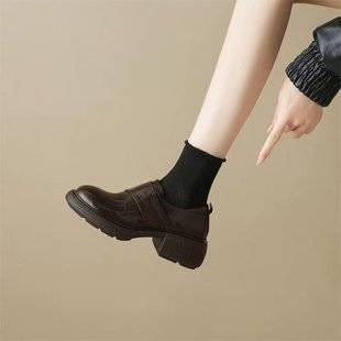 Feeling Like Stepping on Shit! so Comfortable! British Style Thick-Soled Round-Toe Genuine Leather Loafers Mid-Heel Goatskin Women's Flats Small Leather Shoes