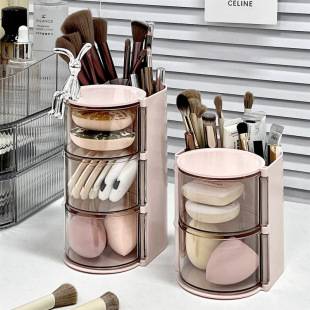 Two-In-One Powder Puff Storage Box Desktop Makeup Brush Rotating Rack Cotton Pad Beauty Sponge Cosmetics Storage Box