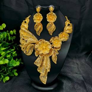 Cross-Border Hot Selling Dubai Luxury 24K Jewelry Necklace Earrings Two-Piece Set Bridal Wedding Jewelry Ready to Wear