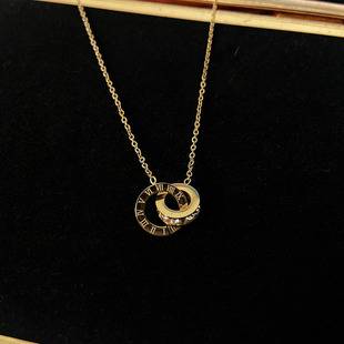 Titanium Steel Non-Fading Roman Numeral Double Ring Necklace Women's Gold Pendant Accessible Luxury Clavicle Chain Simple Popular Same Trend