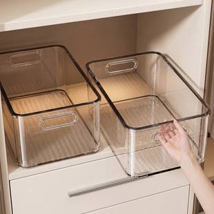 Transparent storage box, rectangular plastic storage basket, kitchen refrigerator snack desktop organizer with handle, stackable