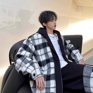 Chanel Style Black and White Plaid Woolen Jacket Men's Autumn and Winter 2024 New Korean Style Fake Two-Piece Hooded Jacket for Men