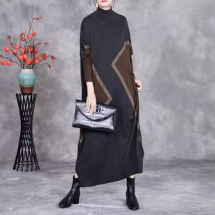 Donkey Travel Time 2024 Fall/Winter New Half-turtleneck dress Loose Long Sleeve Contrast Color Wool Elegant Woolen Dress