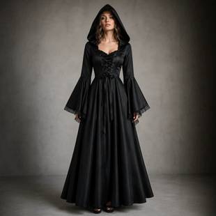 Cross-border Medieval Retro Gothic Halloween Hooded Long Dress Cosplay Witch Palace Dress