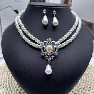 Cross-border jewelry new bridal sweater chain necklace set diamond artificial pearl necklace earring bracelet set
