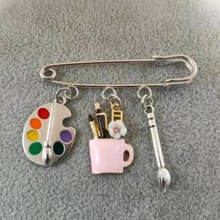 Personalized, creative, colorful artist palette, brushes, brooches, artist jewelry, teaching
