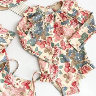 Children's Girls' Sweet Long-Sleeved Sun Protection Swimsuit, Girls' Printed Quick-Drying Suspender One-Piece Swimsuit, Baby Girl's Swimsuit