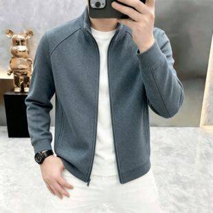 New autumn trendy men's hoodless jacket, fashionable, simple, solid color, versatile, rugged stand-up collar jacket