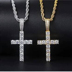 Full Diamond Cross Necklace for Men, Trendy Hip-Hop Zircon Pendant, European and American Style Titanium Steel Twist Chain, Couple's Accessories Wholesale