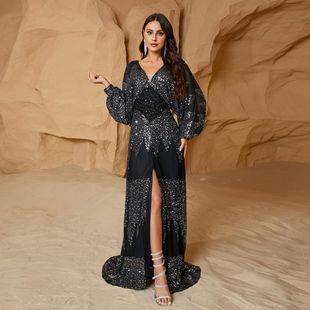 Popular Cross-Border European and American Long Dress, Long-Sleeve Evening Gown, V-Neck Slit Mid-Length Dress, Women's Lantern Sleeves