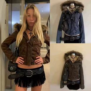 In Stock - Cross-Border 2026 Autumn Hooded Fur Collar Jacket for Women, Retro Y2K Style, Short Thick Coat Top