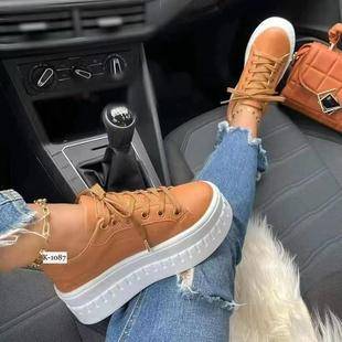 European and American Export New Style Flats Thick-Soled Large Size Lace-Up White Shoes Women's Platform Sole Sports Style Pure Color Sneakers Size 43