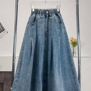 Plus-Size Denim Long Skirt A-Line Umbrella Skirt Mid-Length Elastic High-Waist Student Autumn Plus-Size Women's Clothing 85kg