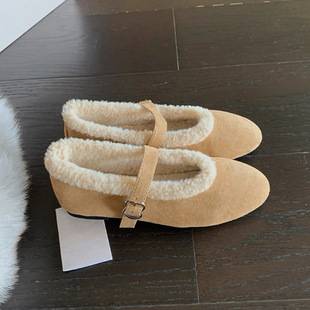 Grape Mom's 2025 New Style Warm Small Round Toe Buckle Strap Low Heel Furry Shoes Versatile Mary Jane Shoes