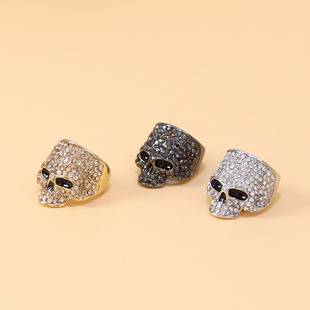 Full diamond skull wide ring, punk hip-hop men's personalized ring, Halloween trendy brand accessory, cross-border jewelry