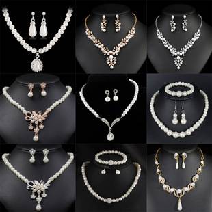 Pearl and rhinestone necklace and earring set, bridal full-diamond choker, versatile collarbone chain jewelry, wedding jewelry
