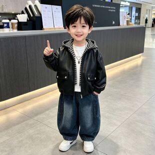 Boys' leather jacket 2026 new style children's clothing fake two-piece autumn stylish versatile baby autumn leather jacket trendy