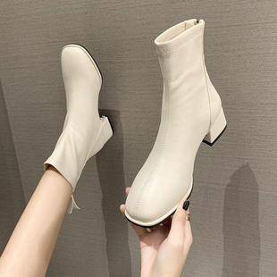 White Short Boots for Women, Solid Color, 2021 Winter New Korean Style Versatile Chunky Heel Square Toe Short Boots for Spring and Autumn