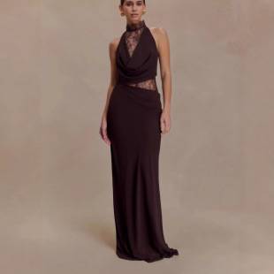 Cross-Border Women's New Style Halterneck Lace Splicing Hip Skirt Swing Collar Sexy European and American Dress Sexy Evening Dress