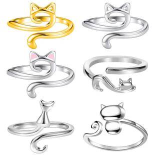 Cross-border European and American hook line ring geometric cat ring opening adjustable animal finger ring knitted jewelry