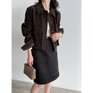 LUXI Classic Retro PU Suede Short Jacket for Women, Autumn New, with Three-Dimensional Pockets, Slimming Outerwear 99042