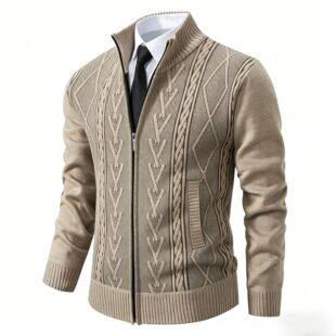 Foreign Trade Specializes in Men's Stand-Up Collar Knitwear Cardigans, New Winter Velvet Thickened Outer Knitwear Jackets Wholesale for Men