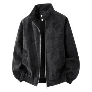 American retro distressed gray PU stand-up collar jacket for men, spring and autumn, loose fit, drop shoulder, biker leather jacket, durable and scratch-resistant