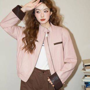 Pink American-style leather jacket for women, 2026 autumn new collection, cool, stylish, and unique, a super attractive motorcycle-style leather jacket