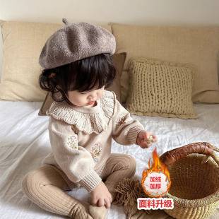 Spring and Autumn Baby Knitted Lotus Leaf Collar Long Sleeve Harness Baby Girl Embroidered Wool Bag Fart Clothes Sweater Romper Suit