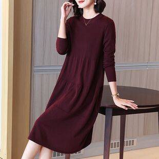 Autumn and Winter New Women's Long-Sleeved Bottoming Mid-Length Large Size Fashionable Age-Reducing Western Style Knitted Dress for Women