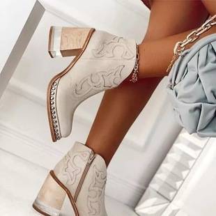 Cross-Border Export Large Size 2024 European and American Embroidered Fashion Boots Women's Rivet Welt Acrylic Crystal High-Heeled Short Boots