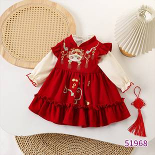 Spring and Autumn New Style Girls' Dress, 100-Day Baby Dress, Birthday Outfit, Chinese-Style Red One-Year-Old Infant Princess Dress