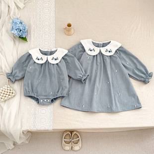 Korean Style Girls' Dress, New Spring and Autumn Baby Clothes, Embroidered Collar, Long-Sleeve Princess Dress for Baby Girls