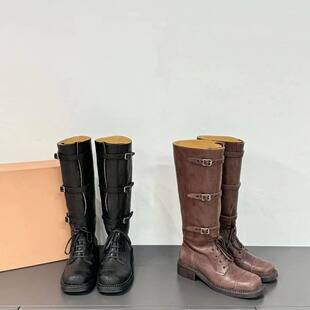 Cowhide Edition ~ 2024 New High Knights Boots Women's Thick Heel Buckle but Knee Western Cowboy Boots Long Costume