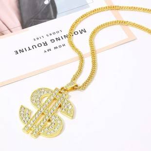 European and American Cross-Border Popular Dollar Sign Necklace, Hip-Hop Exaggerated Dollar Symbol Diamond-Encrusted Pendant Jewelry, Unisex