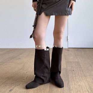 Pleated trouser-leg boots, Korean women's boots, Maillard brown slip-on straight-leg sexy over-the-knee long boots