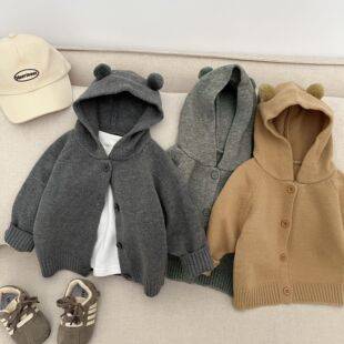 Children's Sweater Jacket 2026 Autumn and Winter Korean Style Cute Hooded Knitted Cardigan for Boys and Girls Baby Autumn Clothing