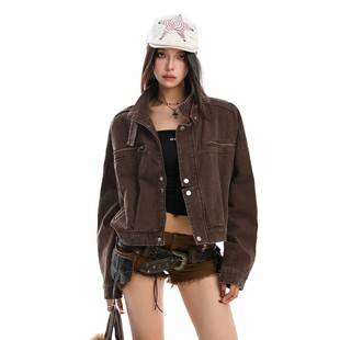 American-Style Washed Vintage Workwear Denim Jacket for Women, Autumn and Winter High-End Short Biker Jacket Top Trendy