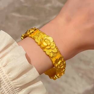 Peony flower bracelet, ancient-style sand gold engraved, high-end design, women's new Chinese-style imitation gold open bracelet, national trend style
